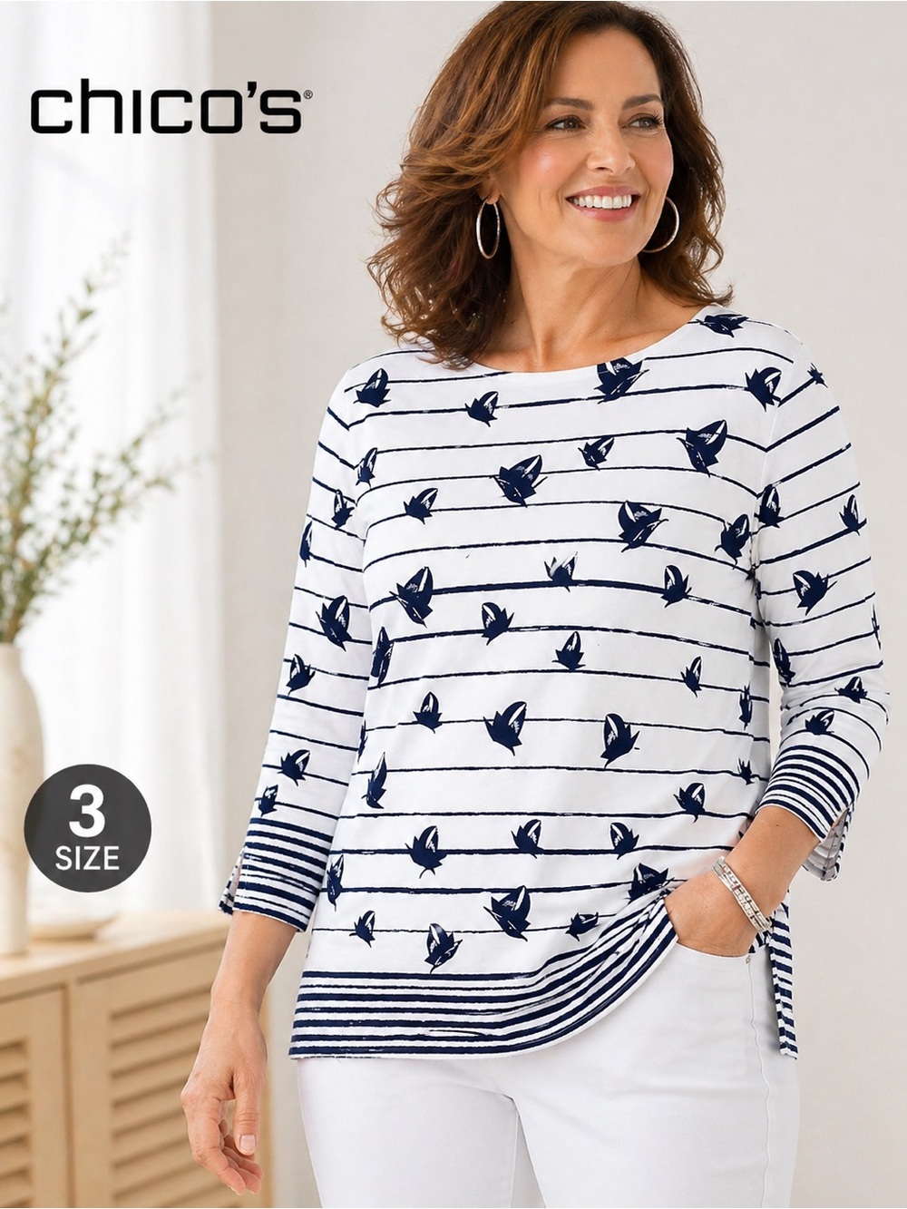 Chico’s Long Sleeve Nautical Print Knit white blue Top – Size 3 (XL / US 16)